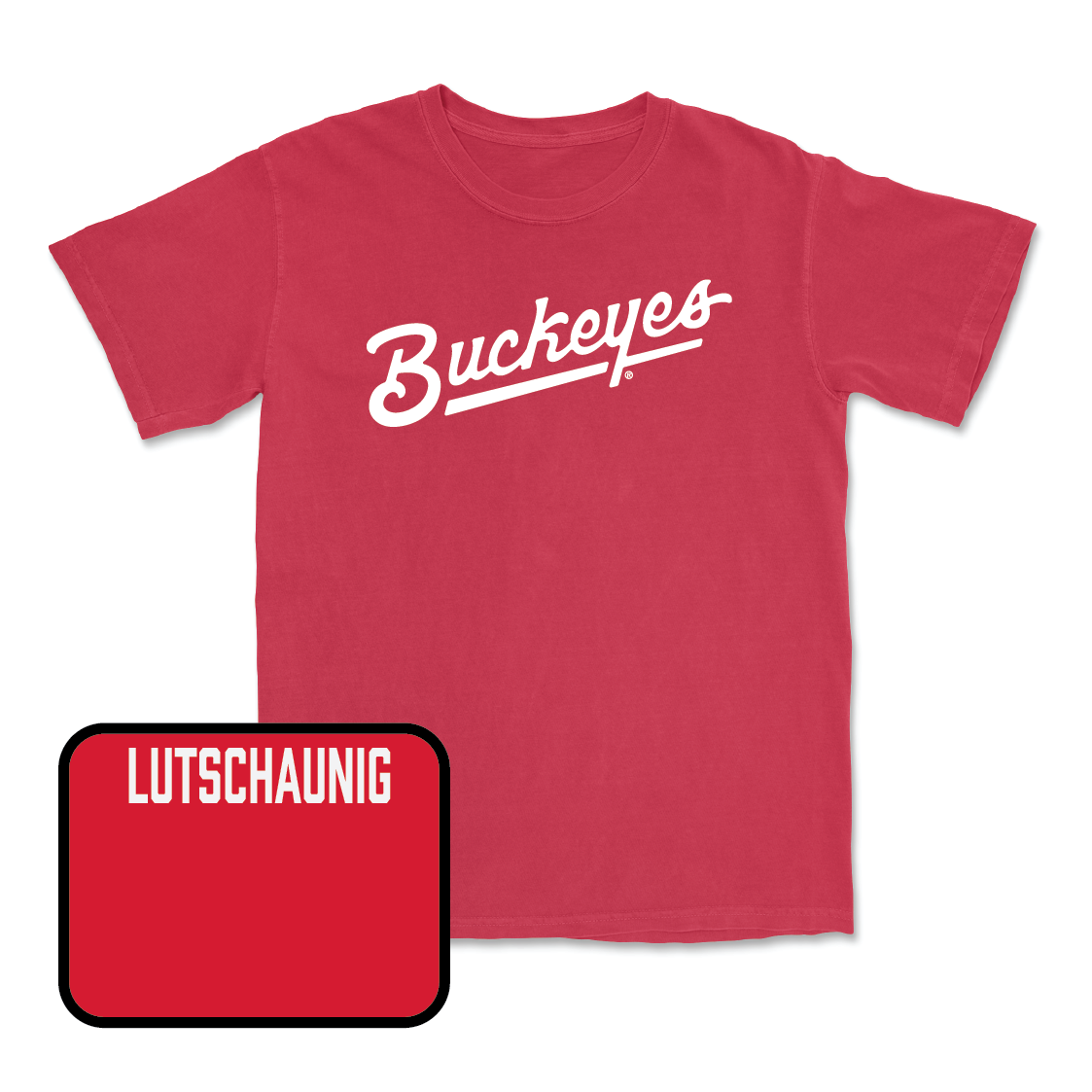 Red Men's Tennis Script Tee - Andrew Lutschaunig